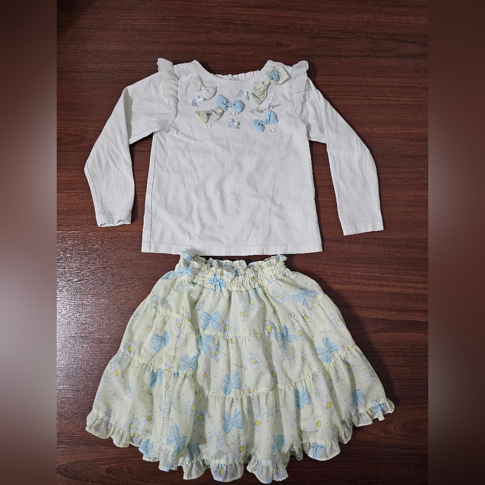 女童Mezzo piano碎Girls White Long-Sleeve Top & Light Yellow Floral Tiered Skirt Set